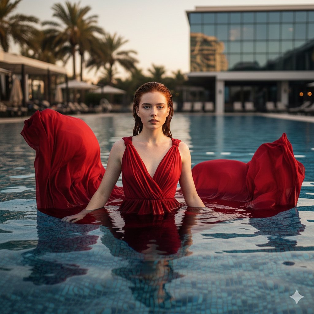 Sadie Sink in Red Gown, Luxury Pool at Sunset thumbnail 4
