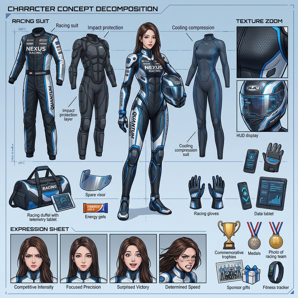 Futuristic Racer Character Concept Sheet - view 1