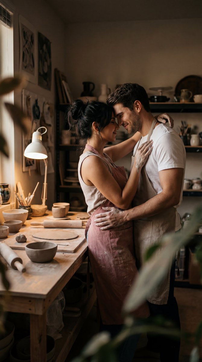 Intimate Pottery Studio Embrace: Cinematic Couple Portrait - view 1