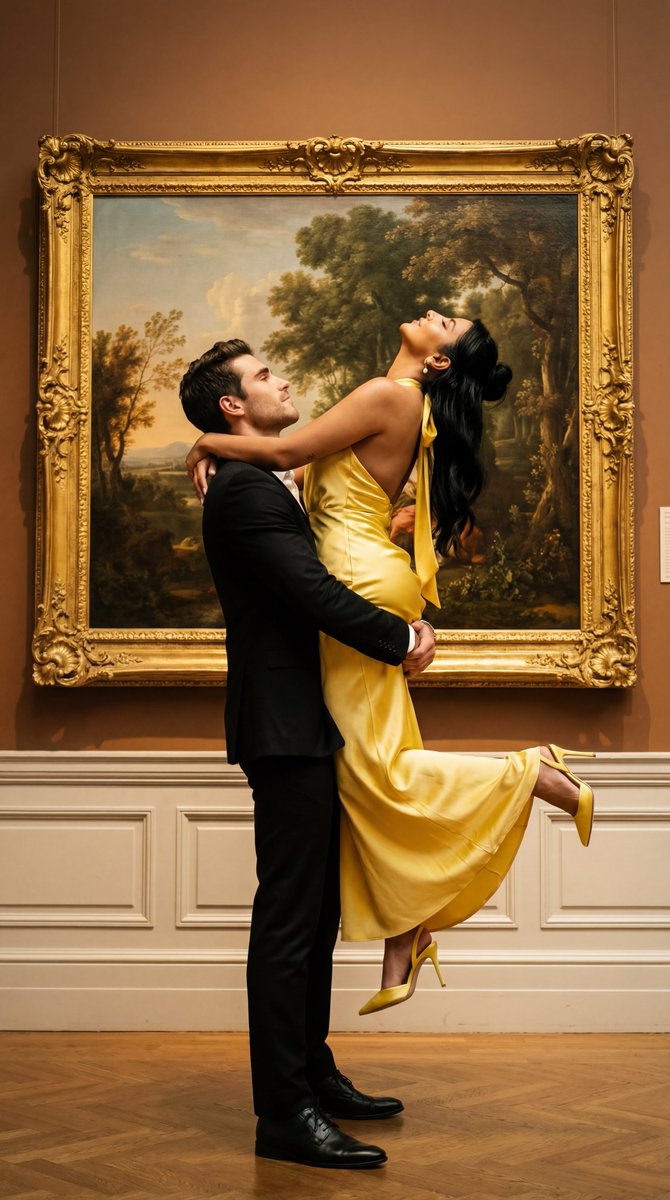 Cinematic Gallery Romance: Yellow Satin Embrace - view 1