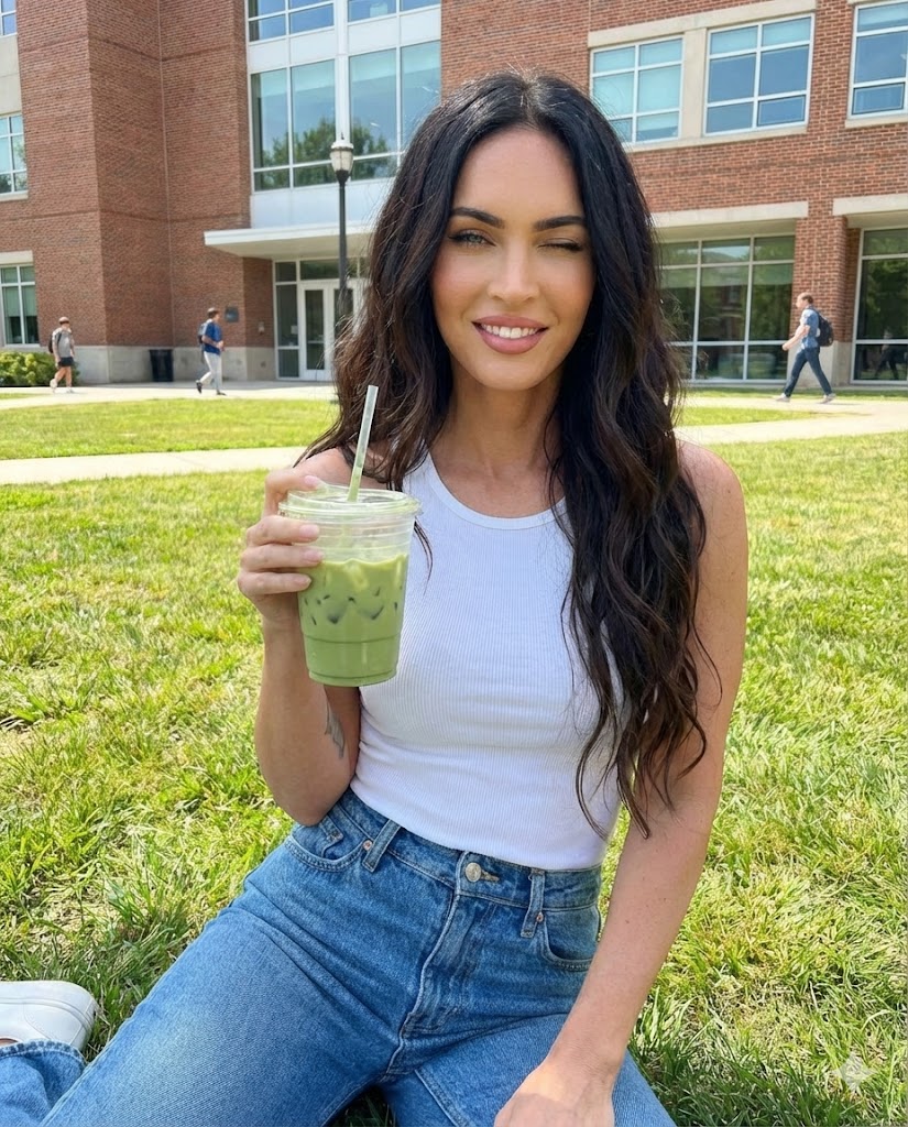 Casual Campus Portrait: Blonde Woman with Green Drink thumbnail 2