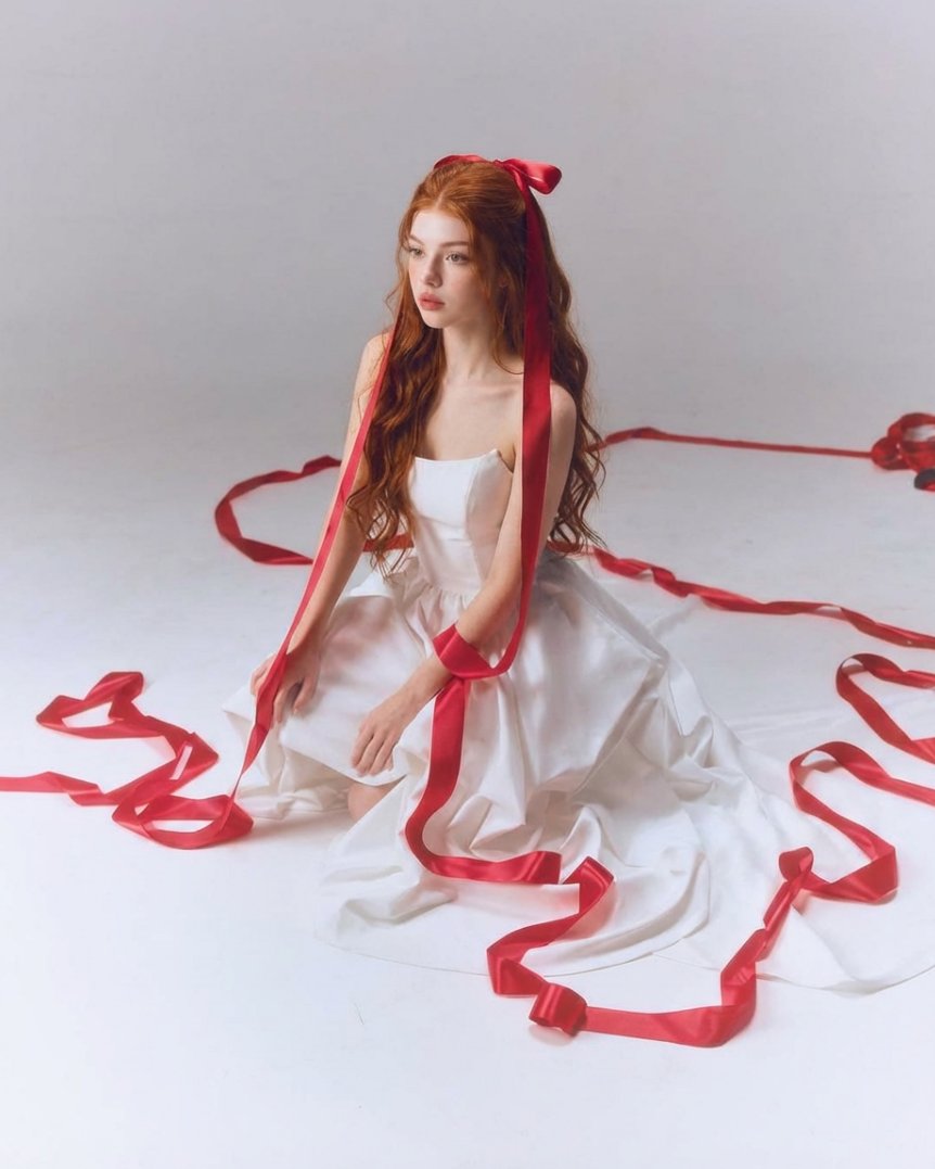 High-Fashion Studio Portrait with Red Silk Ribbons - view 1