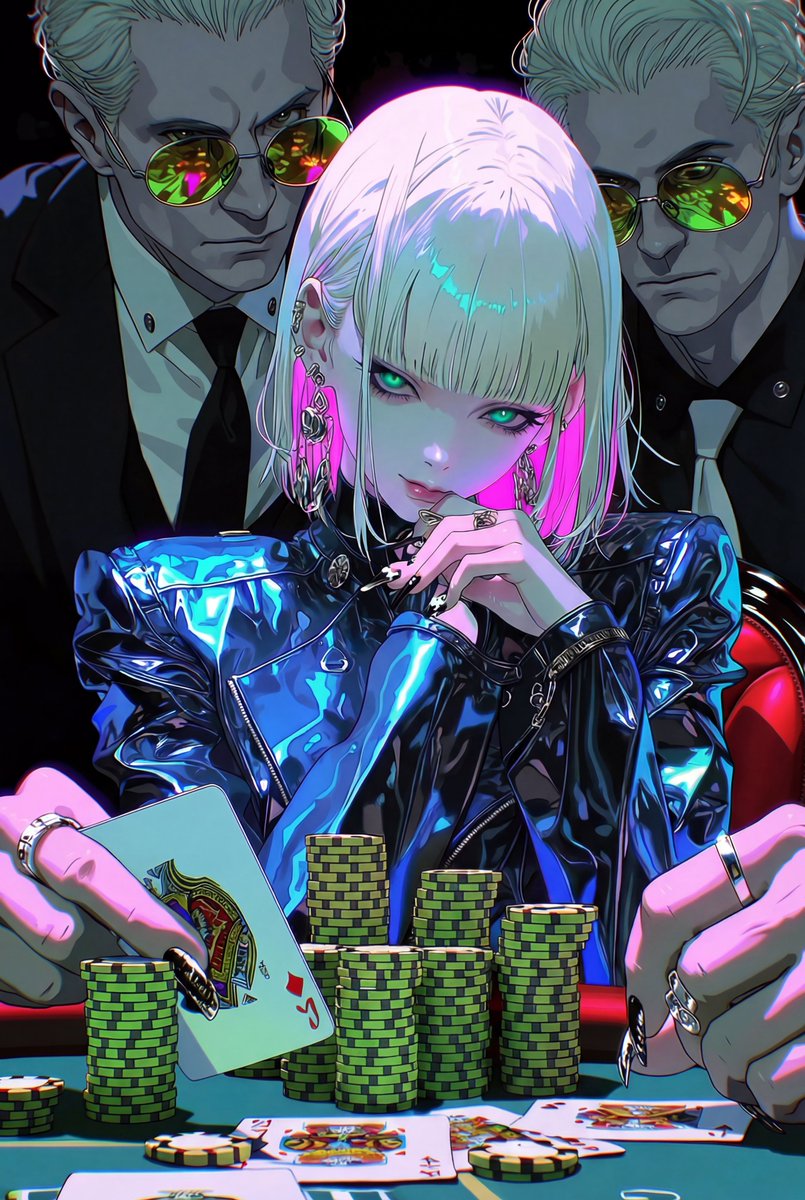 Anime-style Woman Playing Poker in Luxurious Casino - view 1