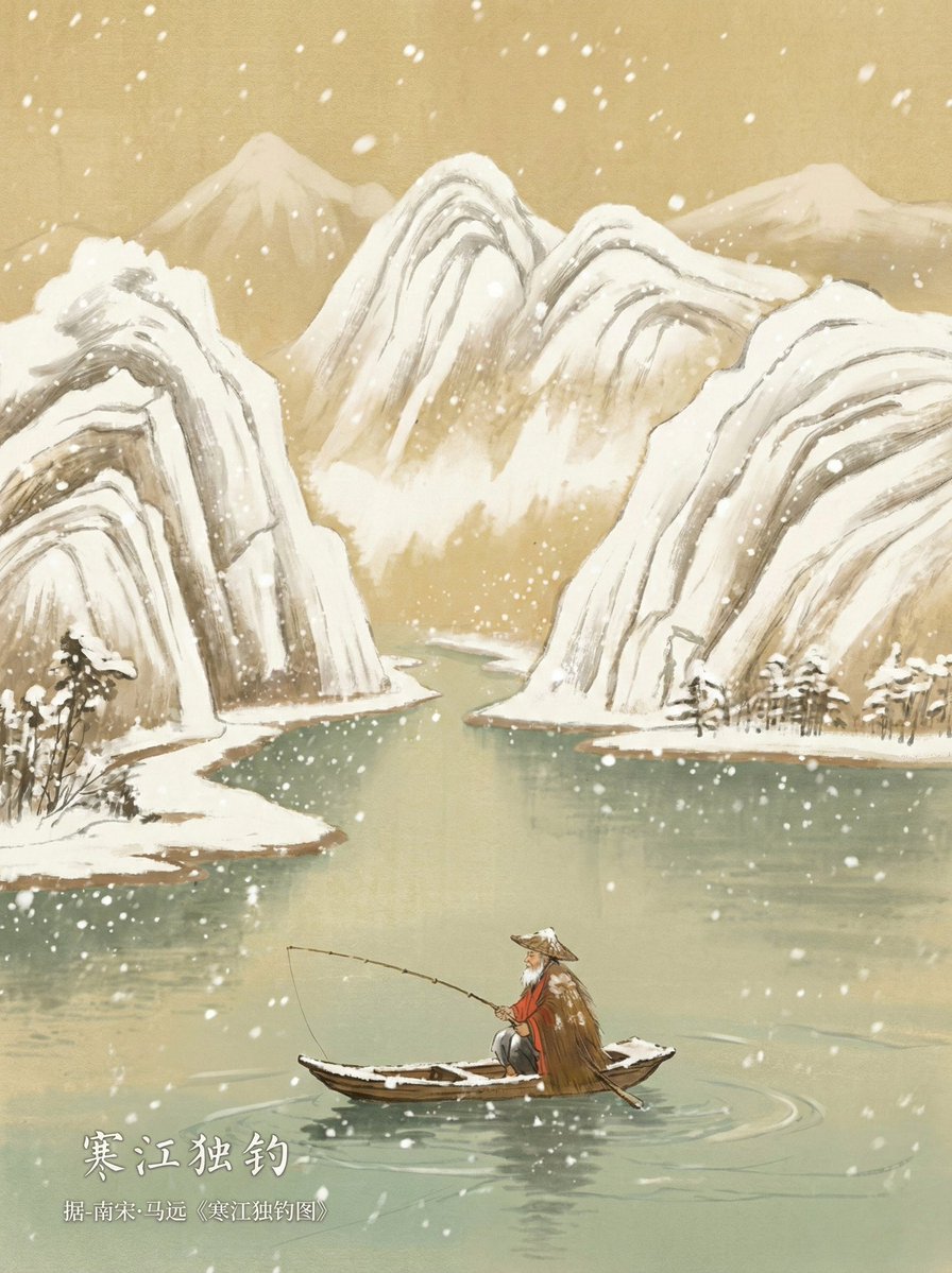 Zen Ink Wash Painting: Fishing Alone on a Cold River - view 1