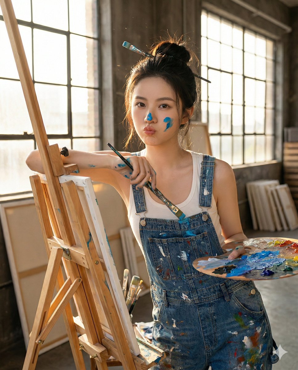 Pouting Artist in Studio, Hyper-realistic Portrait - view 1