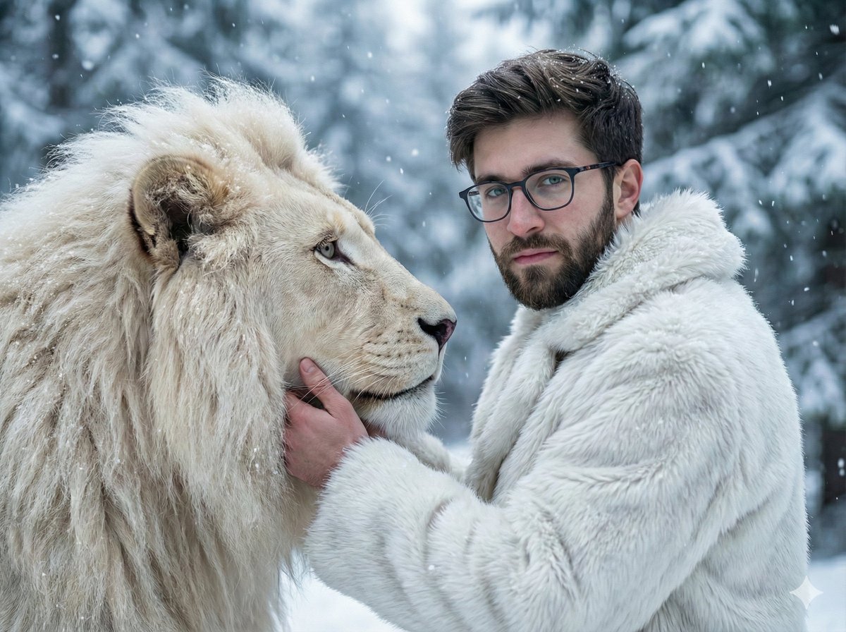 Cinematic Portrait: Man and White Lion in Snowy Forest - view 1