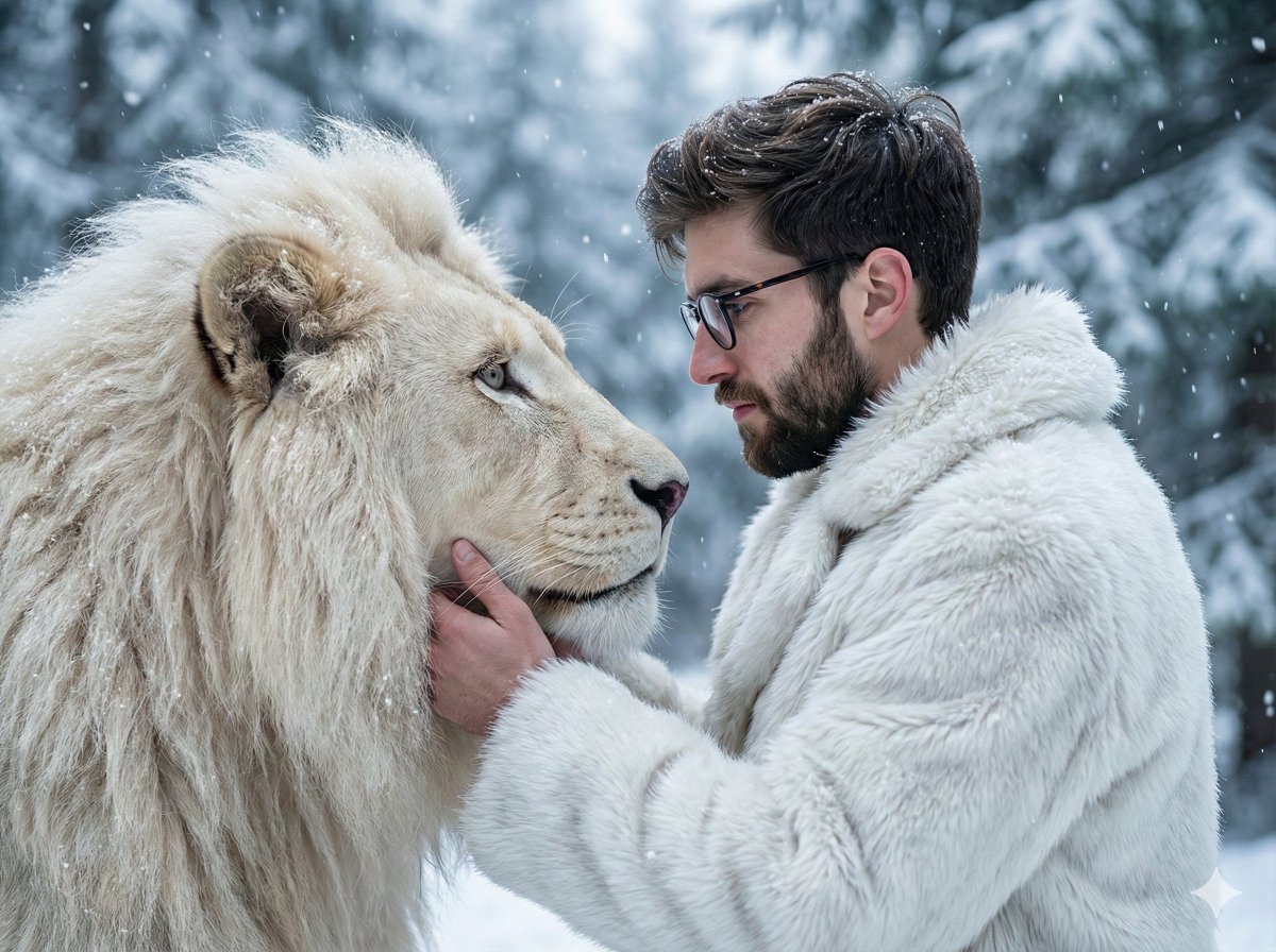 Cinematic Portrait: Man and White Lion in Snowy Forest thumbnail 2