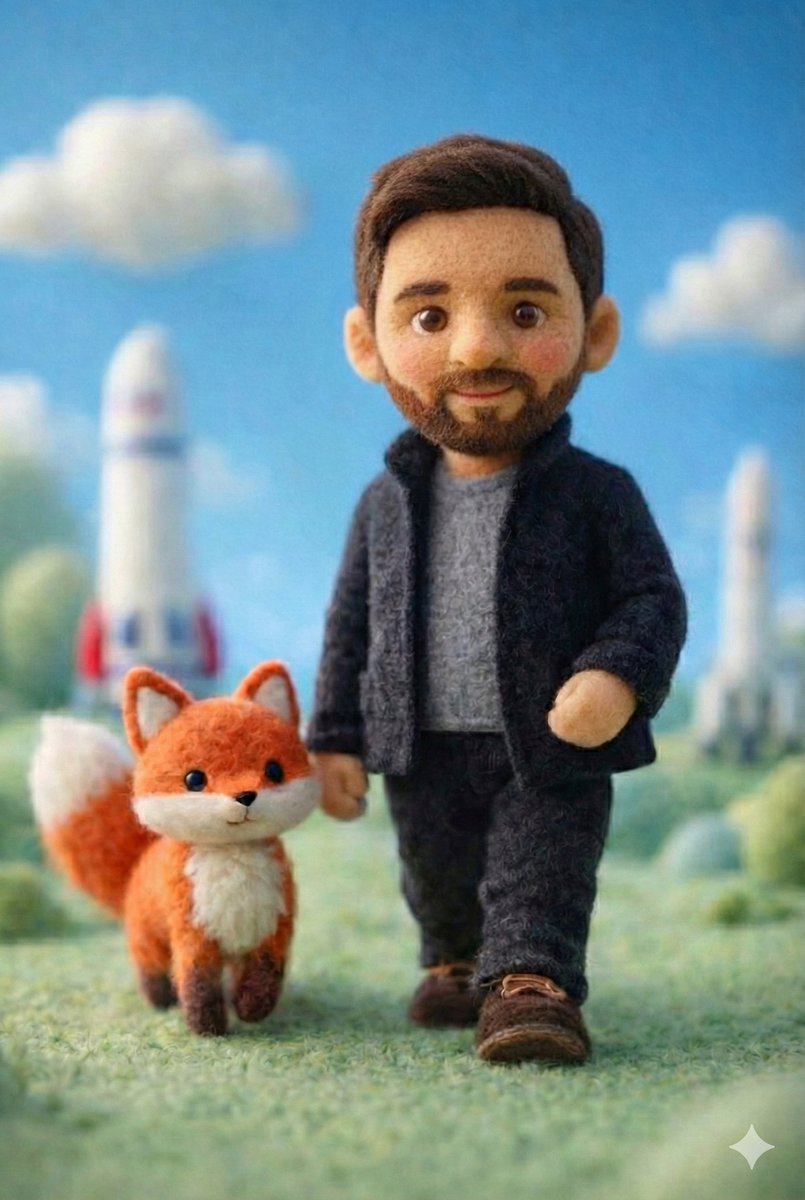 Handcrafted Felt Miniature Scene with Wool Doll and Fox - view 1
