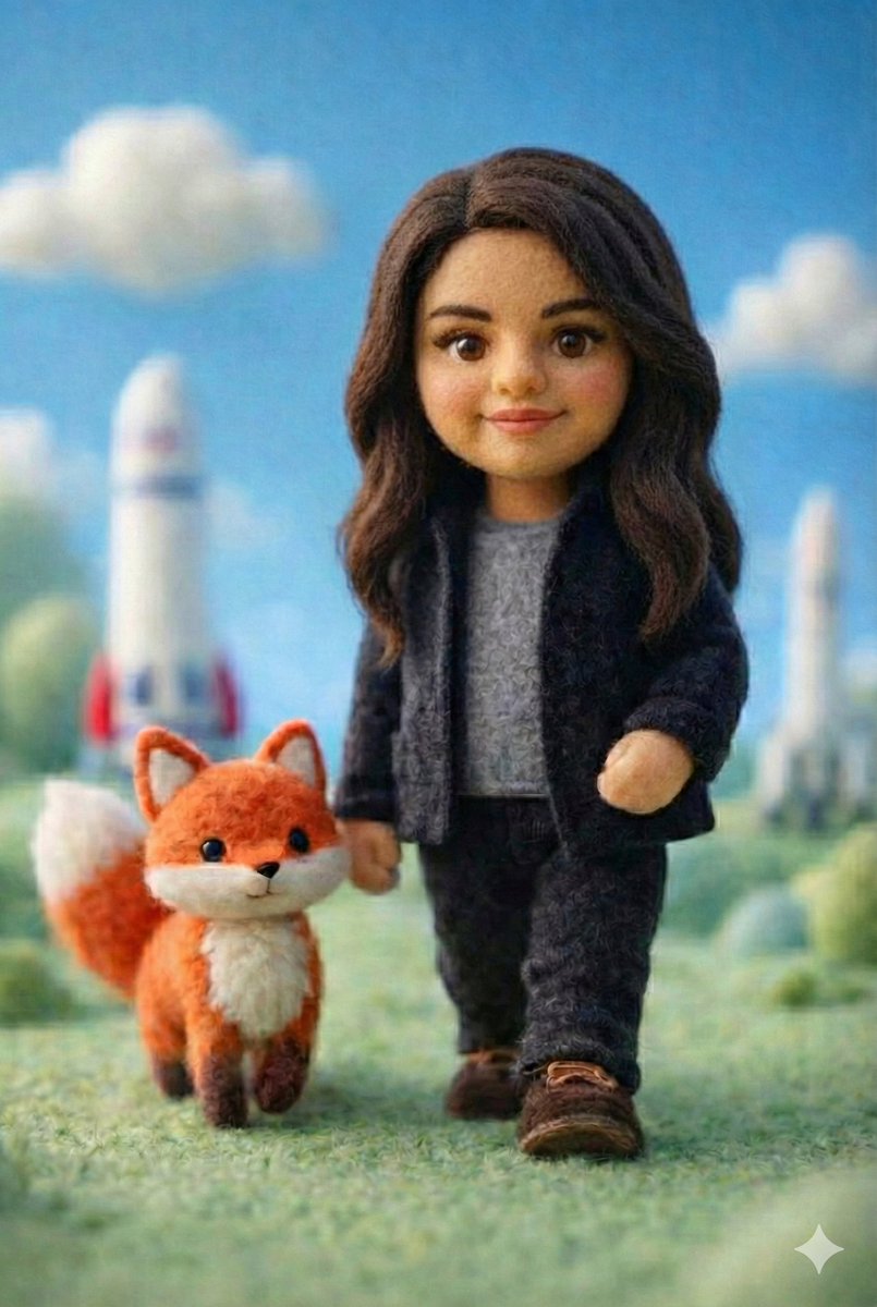 Handcrafted Felt Miniature Scene with Wool Doll and Fox thumbnail 2