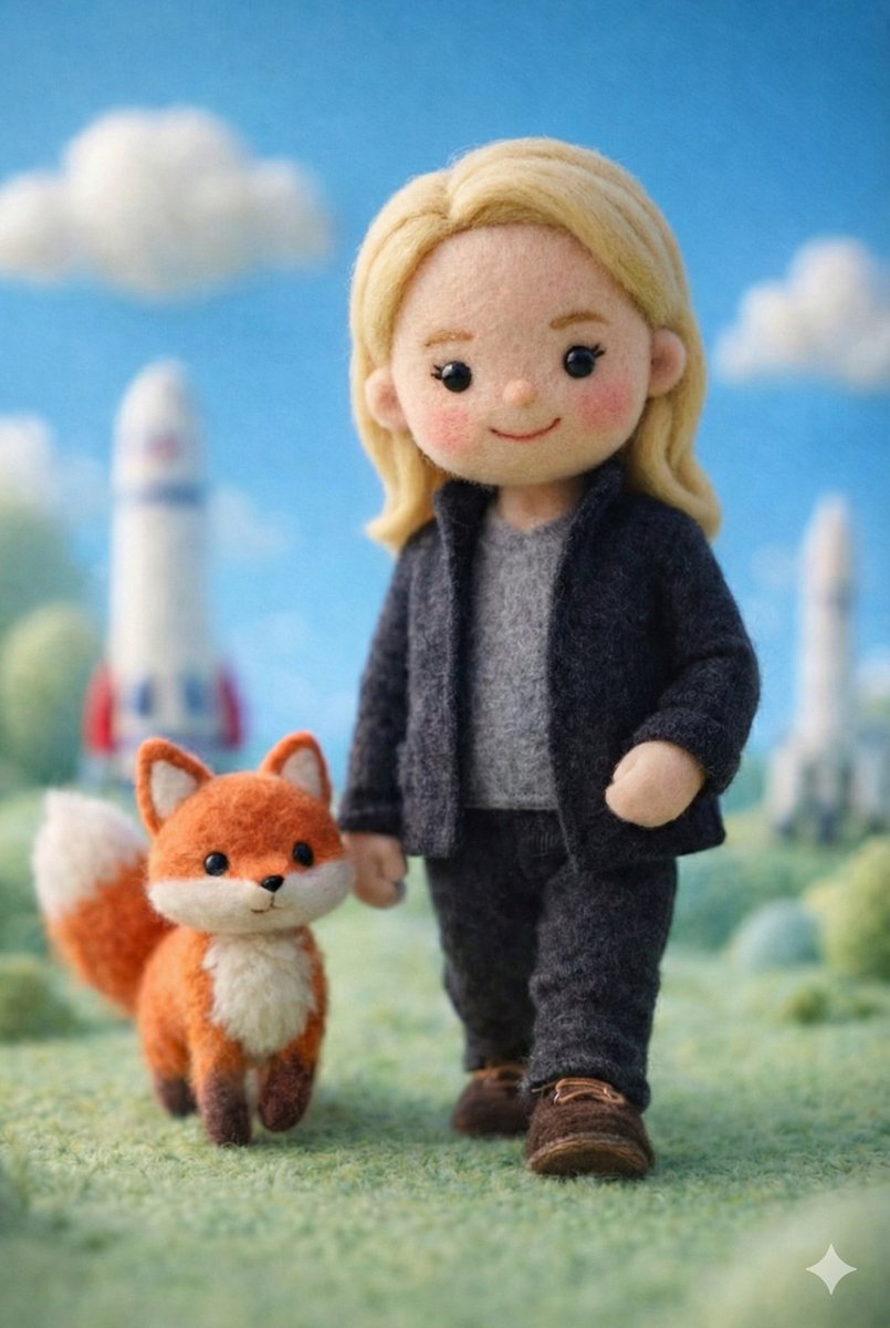 Handcrafted Felt Miniature Scene with Wool Doll and Fox thumbnail 3
