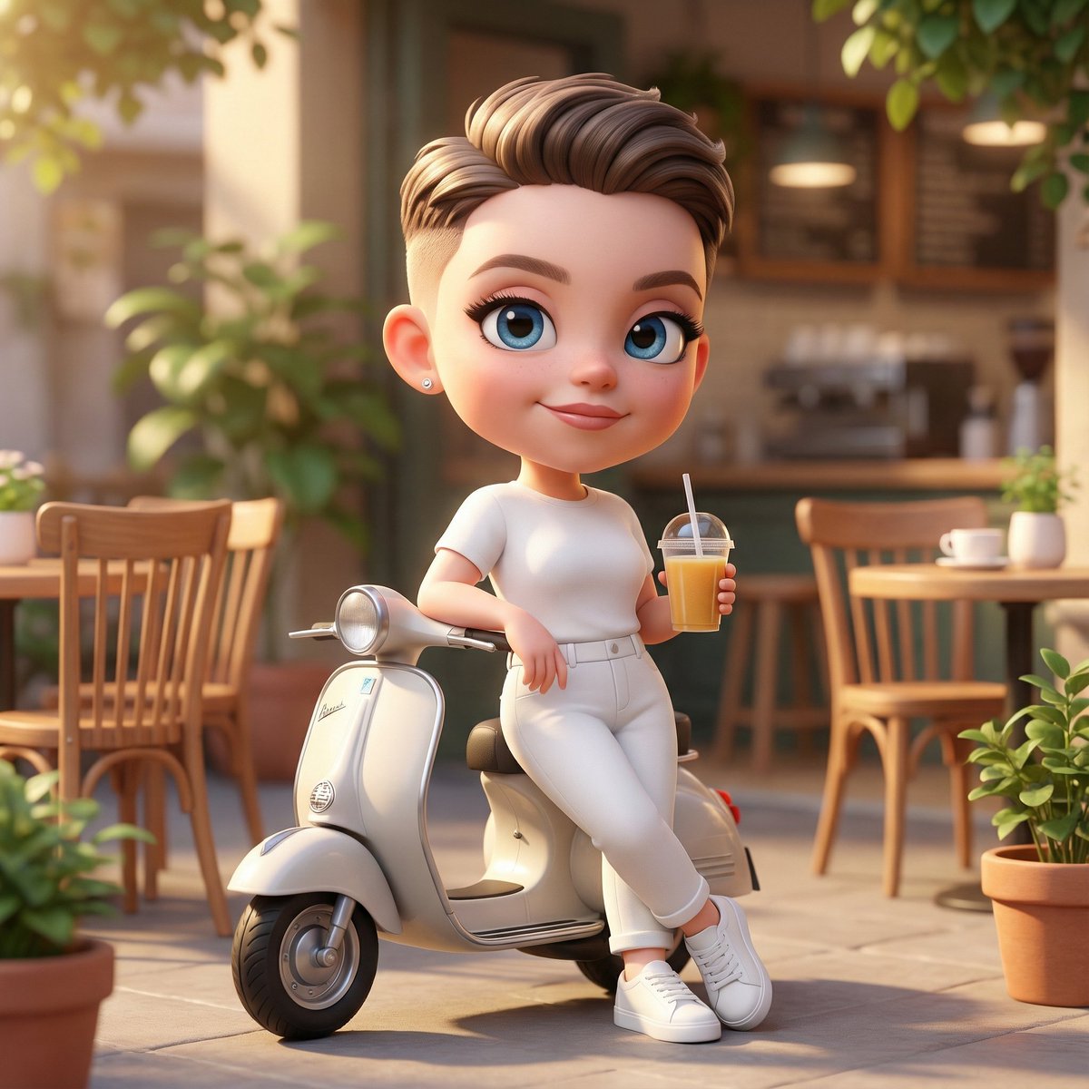 Cute 3D Chibi Character with Scooter in Cafe Courtyard - view 1