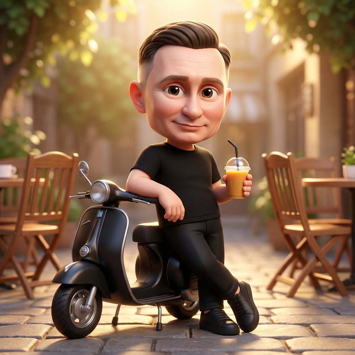 Cute 3D Chibi Character with Scooter in Cafe Courtyard thumbnail 2