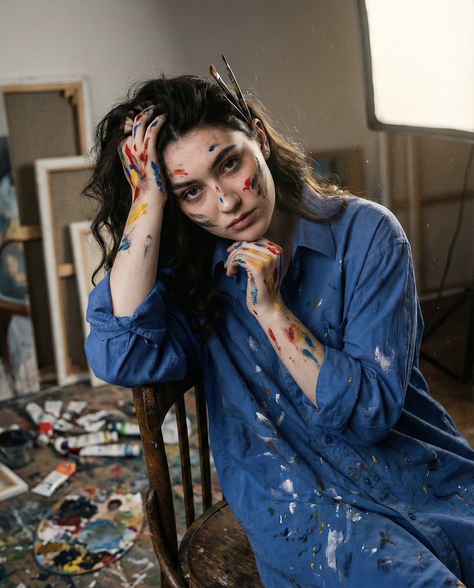 Artistic Burnout in a Messy Studio, Tactile Realism thumbnail 2
