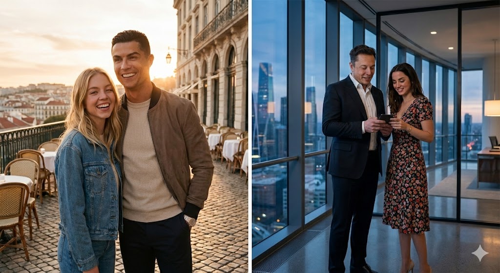 Celebrity Lookalike Duo: Split-Screen Photorealistic Collage - view 1
