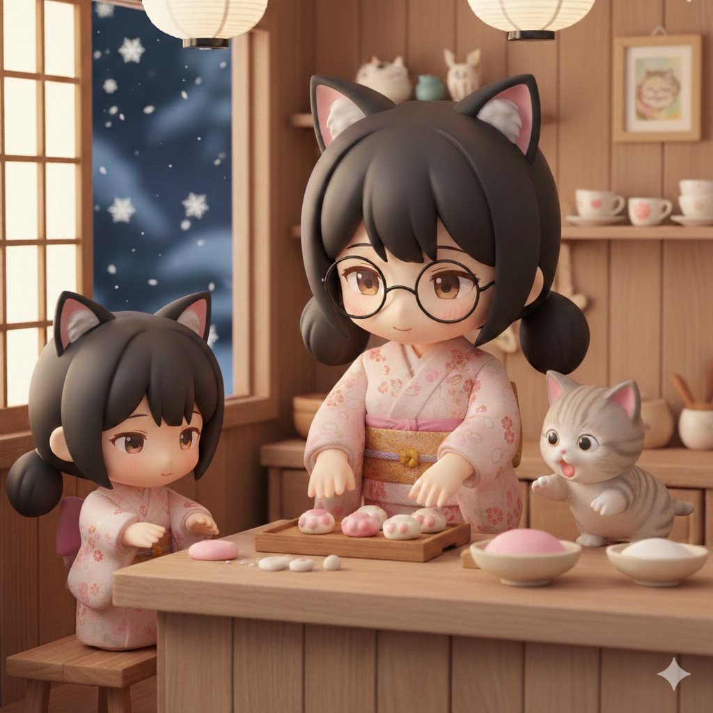 Kemomimi Characters Making Paw Mochi with Tiger Cat - view 1