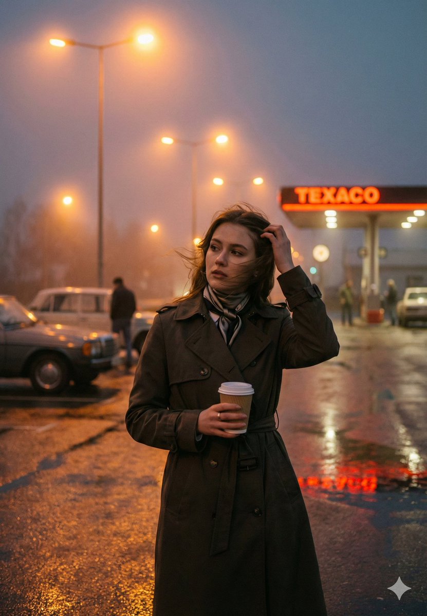 Melancholic Woman at Gas Station, Cinematic Realism - view 1
