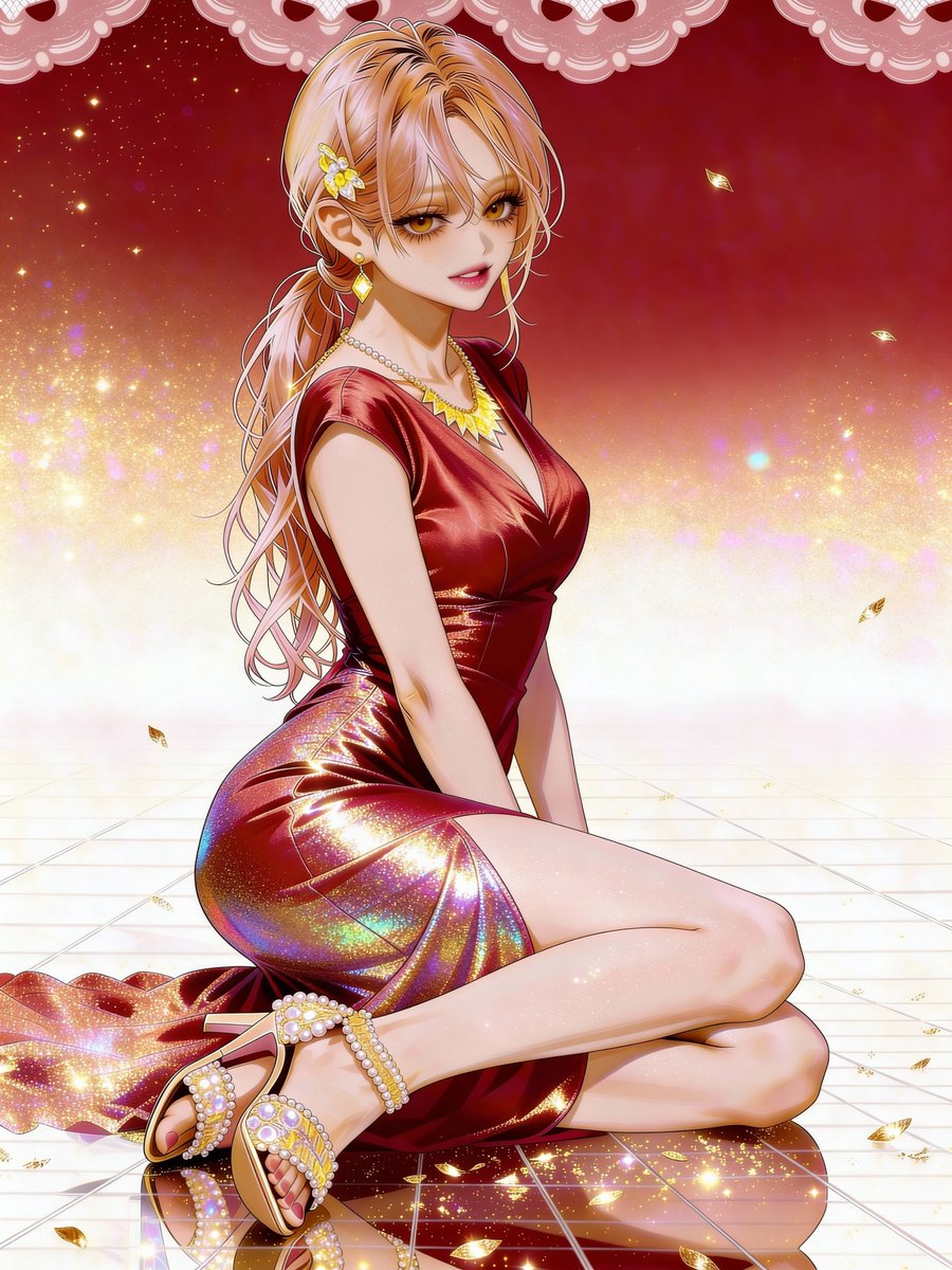 Elegant Japanese Woman in Sparkling Red Silk Dress - view 1