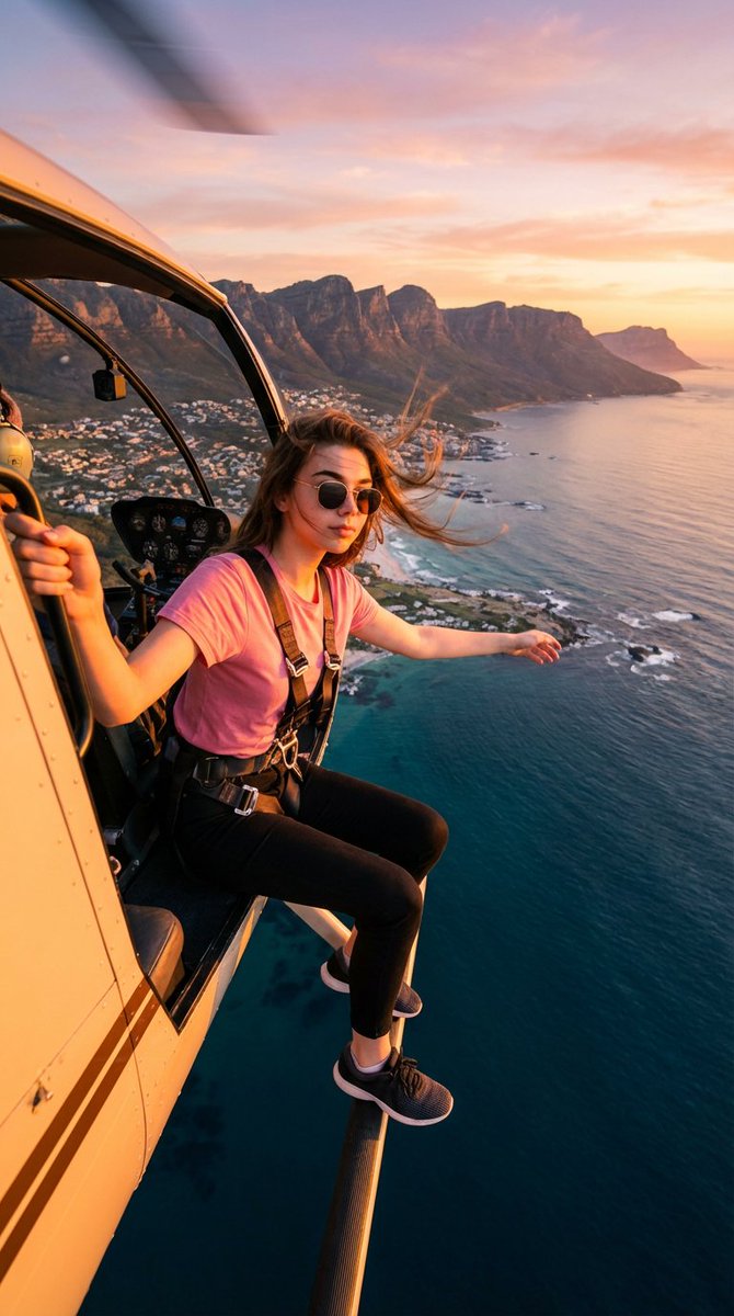 Cinematic Aerial Photo of Girl on Helicopter at Sunset - view 1