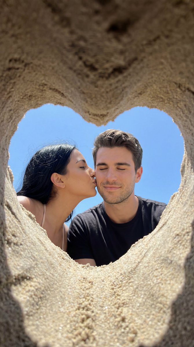 Heart-Shaped Sand Frame, Couple Kissing on Beach - view 1