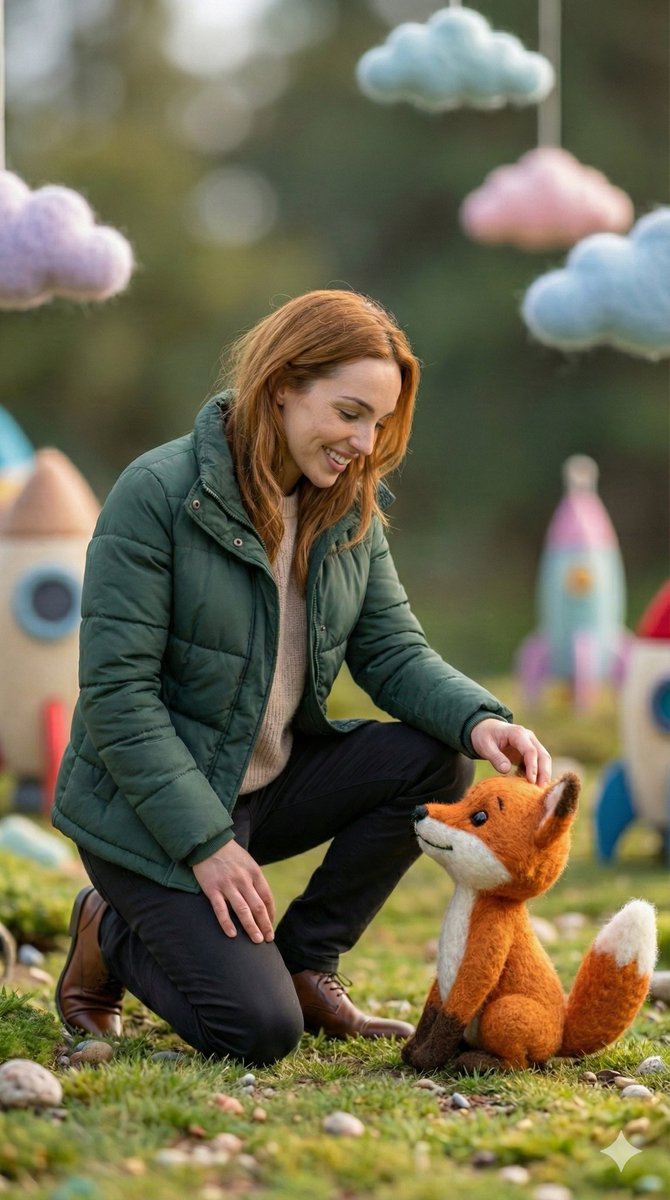 Photorealistic Human with Felt Fox in Whimsical Setting - view 1