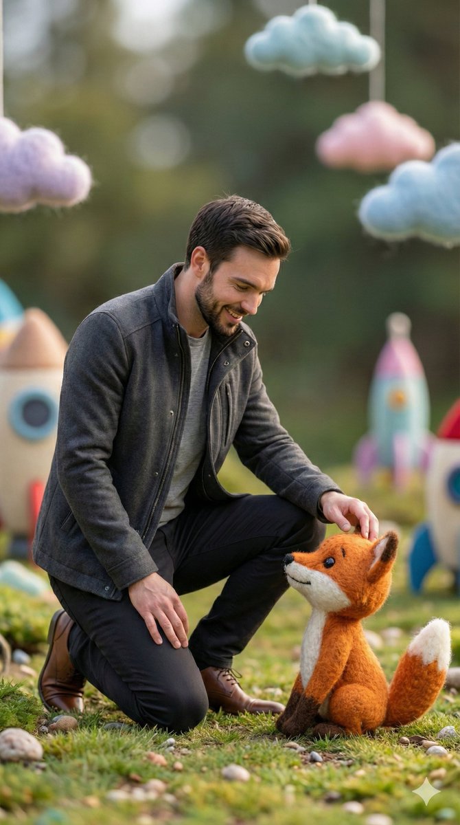 Photorealistic Human with Felt Fox in Whimsical Setting thumbnail 3