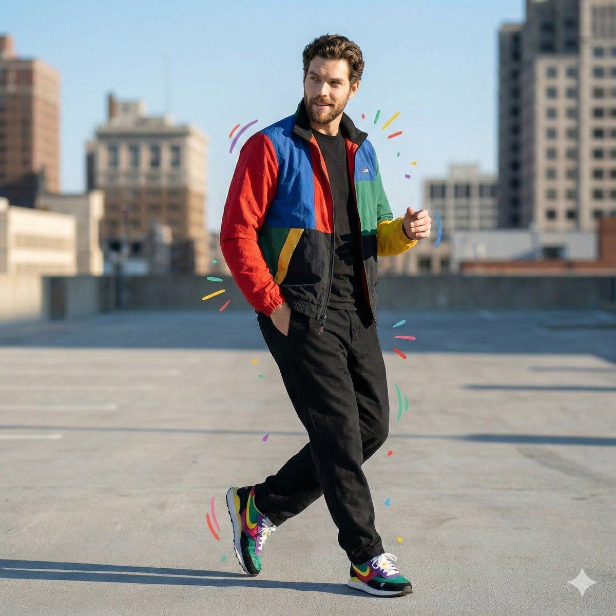 Fashion Portrait: Man on Rooftop, Vibrant Jacket thumbnail 2