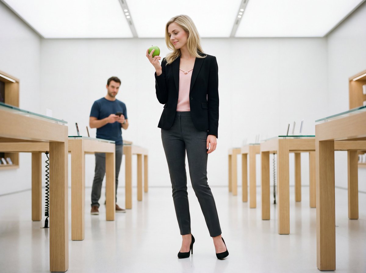 Luxury Retail Editorial Scene with Woman and Apple - view 1
