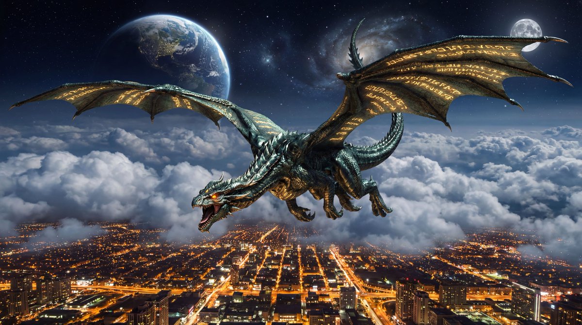 Majestic Dragon Over Night City and Celestial Sky - view 1