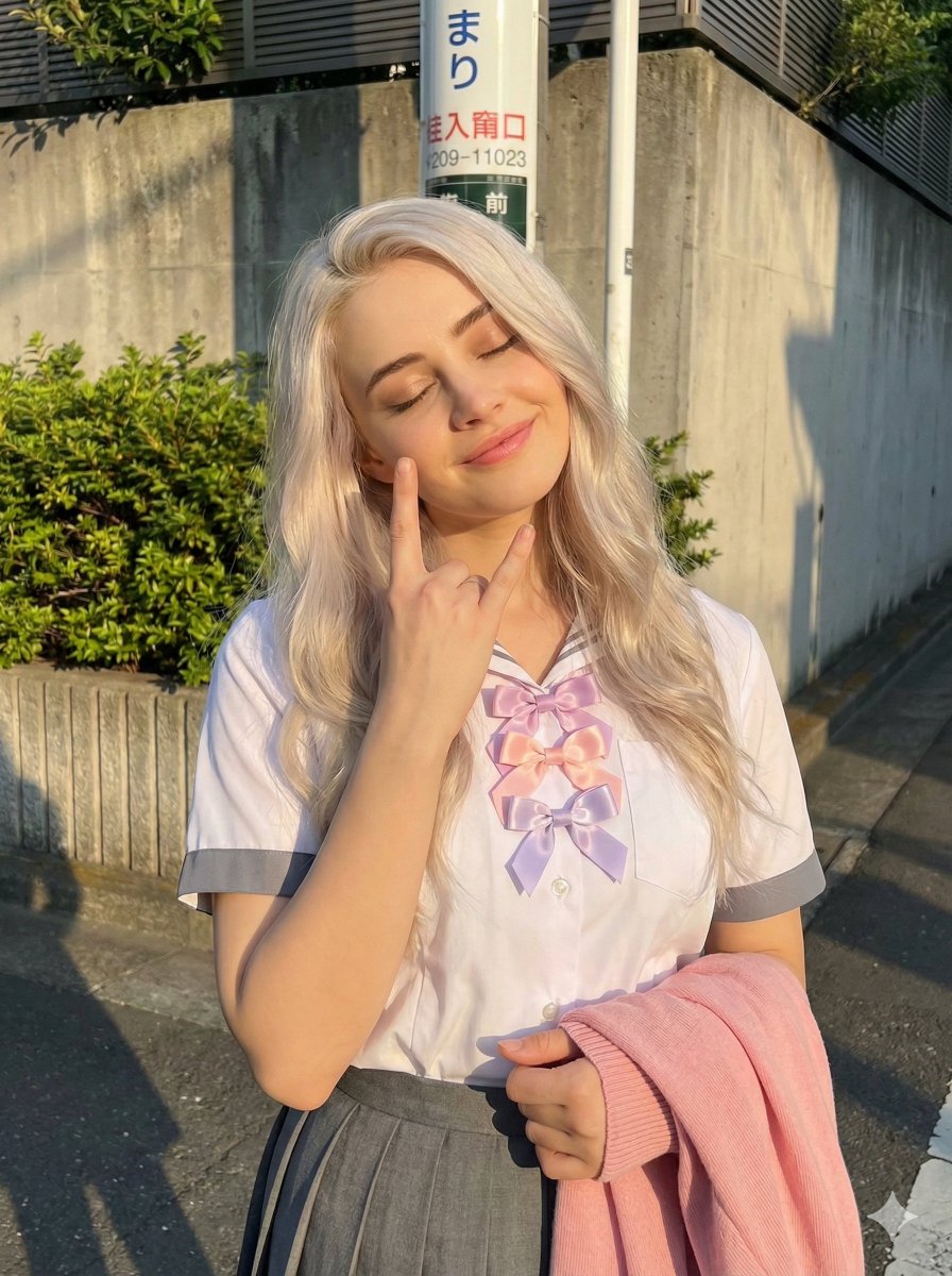 Photorealistic Portrait of Woman with Platinum Hair and Rock Sign - view 1