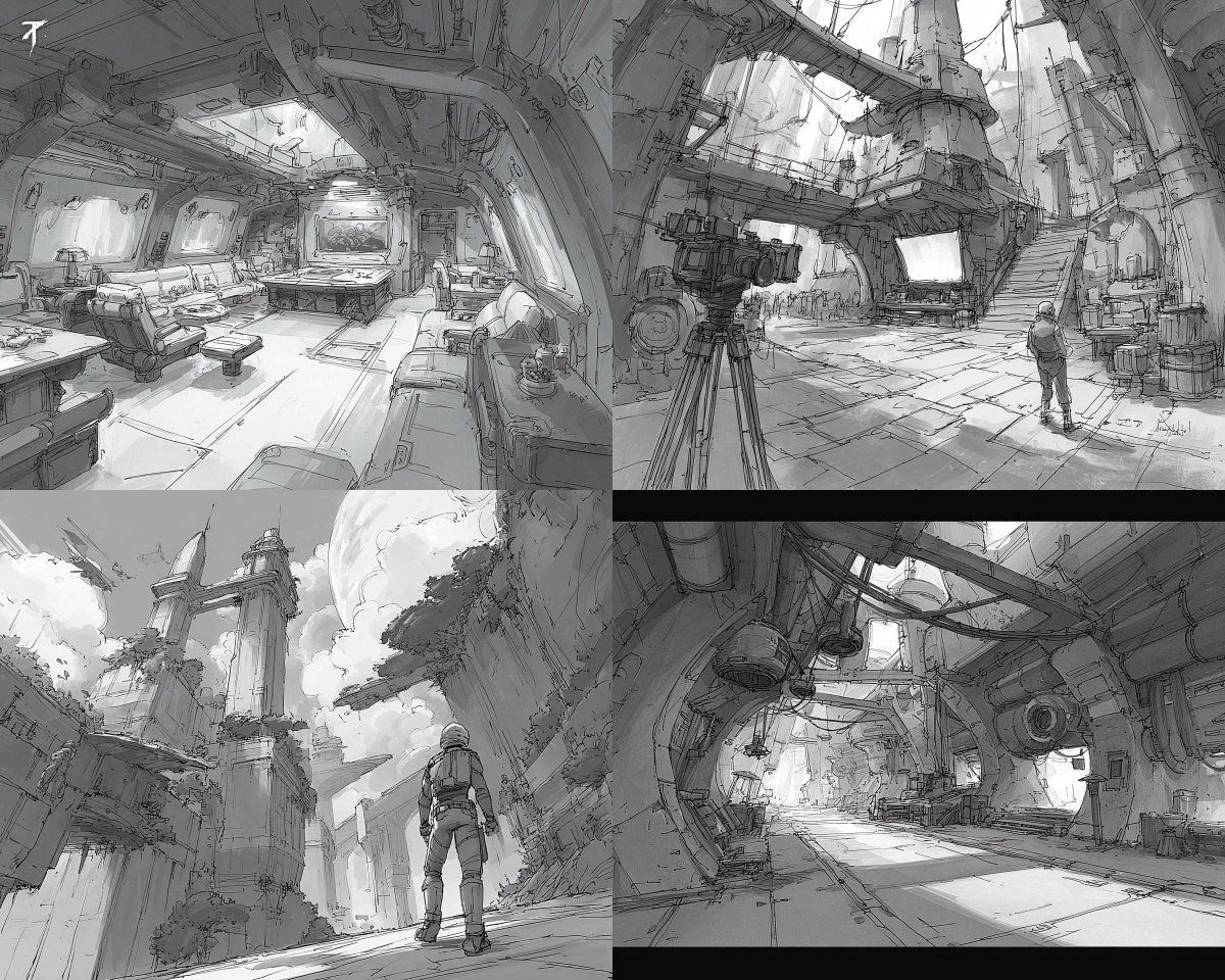 Loose Sci-Fi Concept Sketches with Grayscale and Linework - view 1