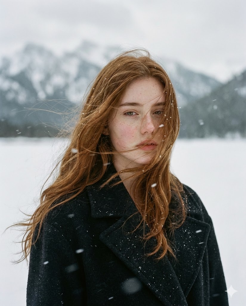 Cinematic Portrait: Woman in Snowy Mountains - view 1