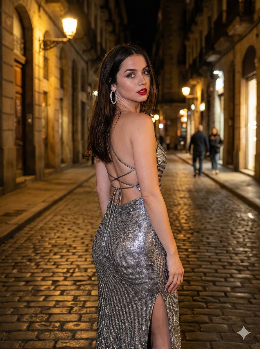 Ana de Armas: Cinematic Portrait in Silver Dress, European Street thumbnail 2