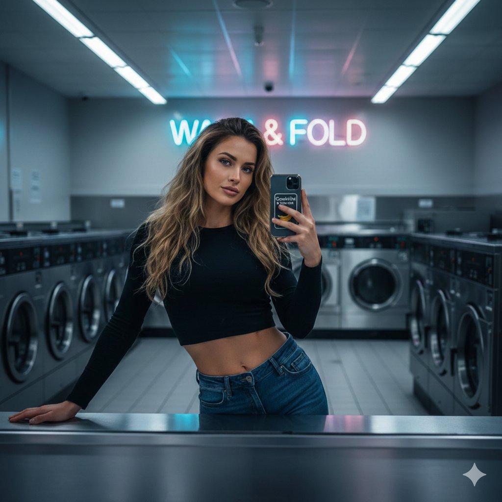 Cinematic Mirror Selfie in American Laundromat - view 1