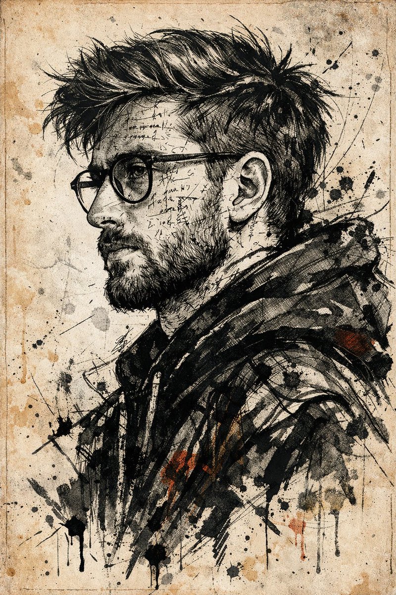 Intense Mixed-Media Portrait with Handwritten Symbols - view 1