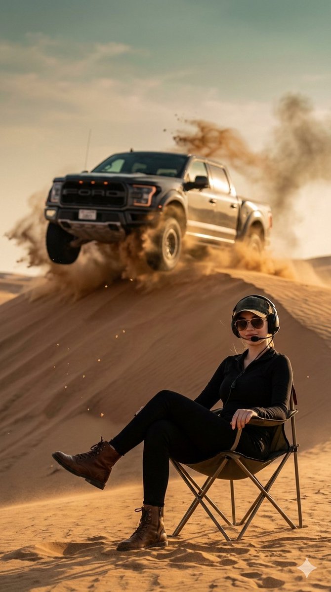 Cinematic Desert Action: Woman, Truck, Golden Hour - view 1