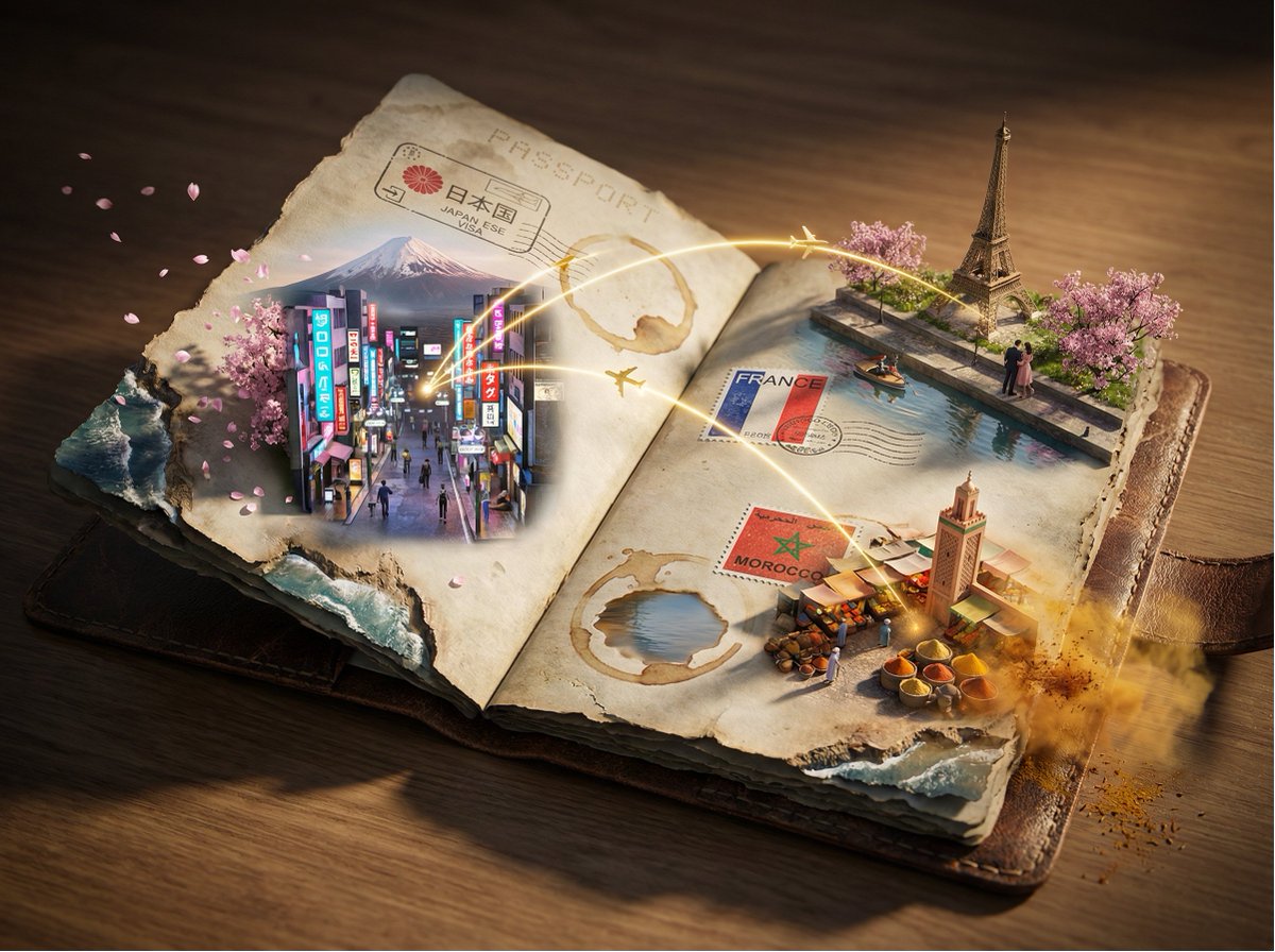 Weathered Passport with Visa Stamps Transforming into Cities - view 1