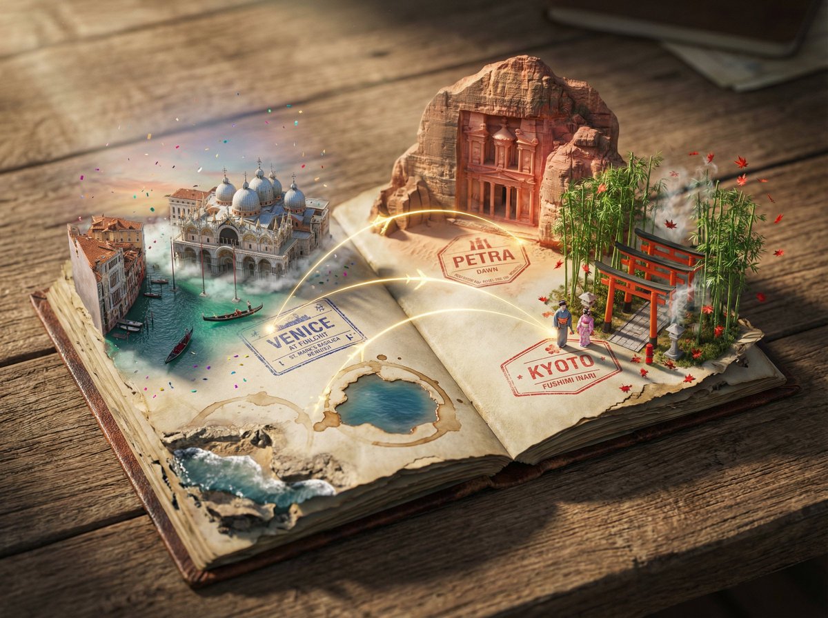 Weathered Passport with Visa Stamps Transforming into Cities thumbnail 2