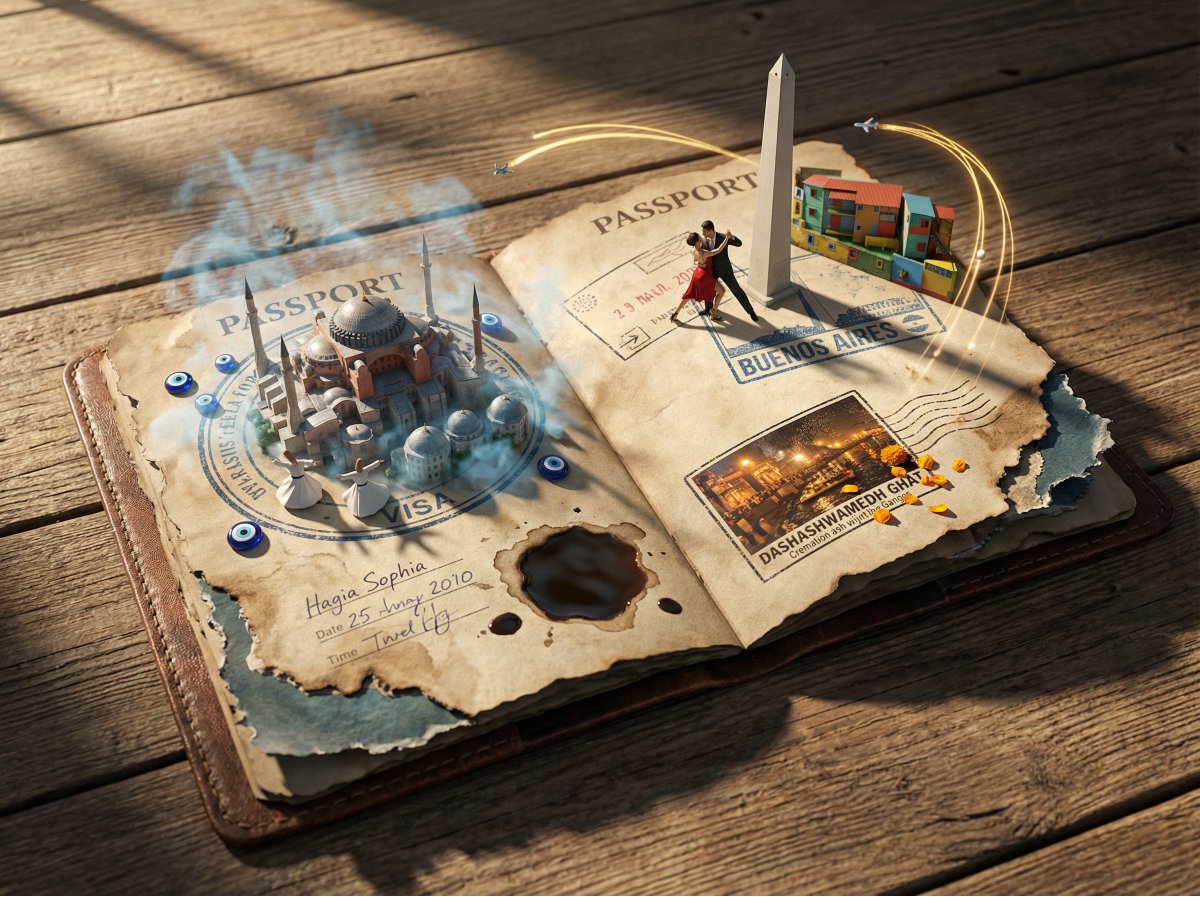 Weathered Passport with Visa Stamps Transforming into Cities thumbnail 3