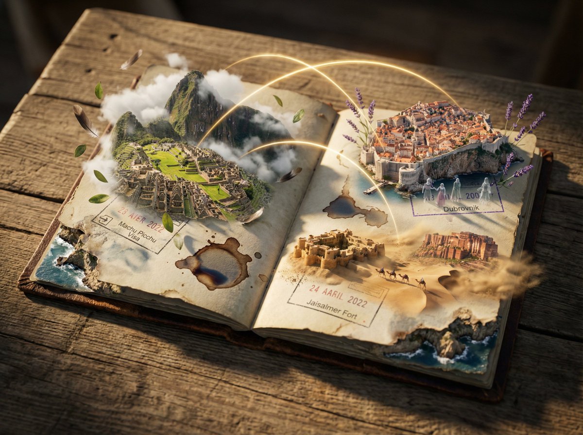 Weathered Passport with Visa Stamps Transforming into Cities thumbnail 4