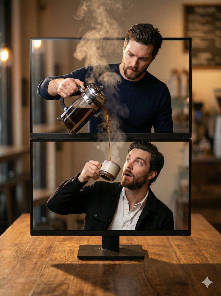 Hyper-realistic Cinematic Coffee Pour on Stacked Monitors - view 1