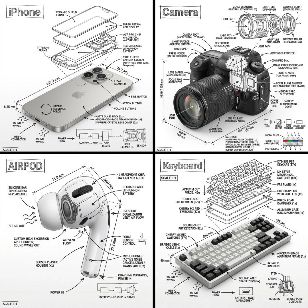 Infographic with Technical Annotations and Realistic Object - view 1