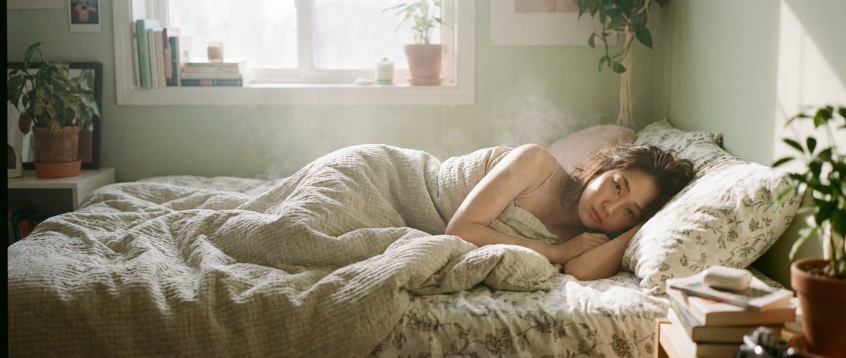 Cinematic Intimate Portrait of Asian Woman in Cozy Bedroom - view 1
