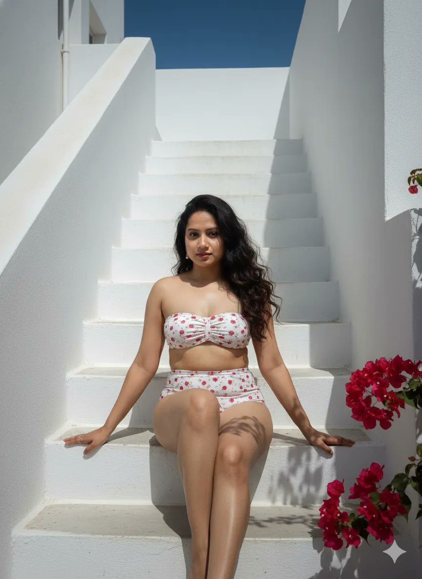 Sun-Soaked Mediterranean Elegance: Woman on Stone Stairs thumbnail 4