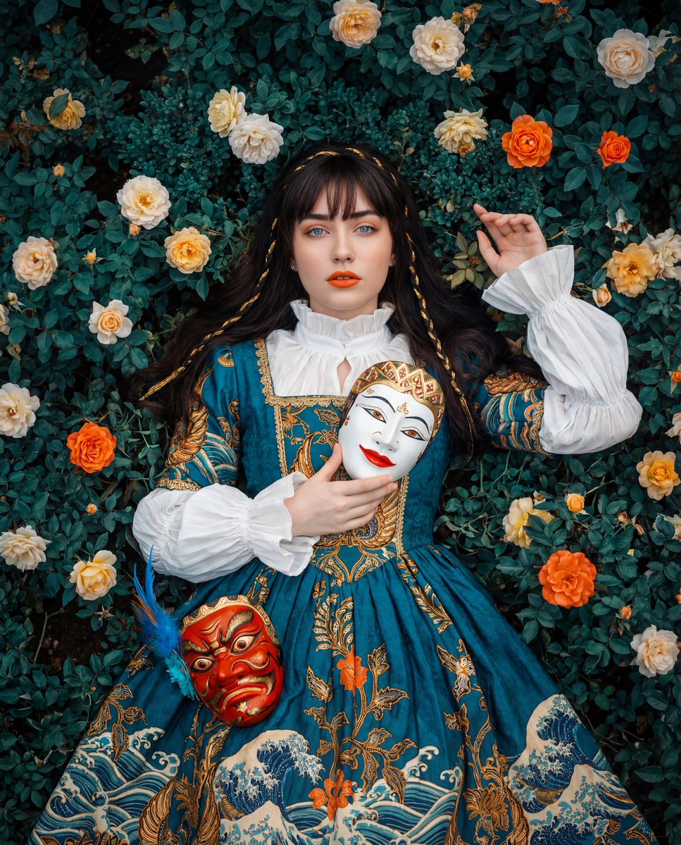 Opulent Woman with Wayang Masks and Floral Setting - view 1