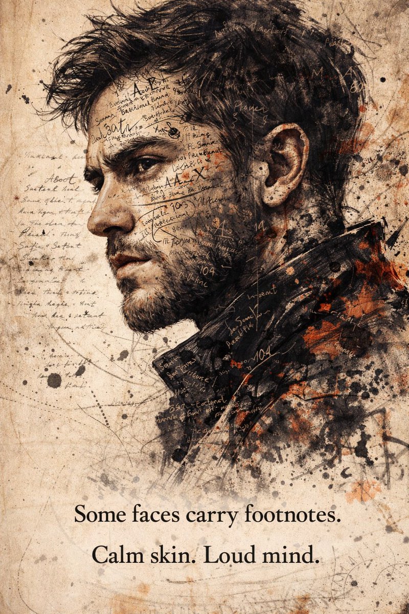 Dramatic Ink Sketch Portrait with Cryptic Text, Mixed Media - view 1