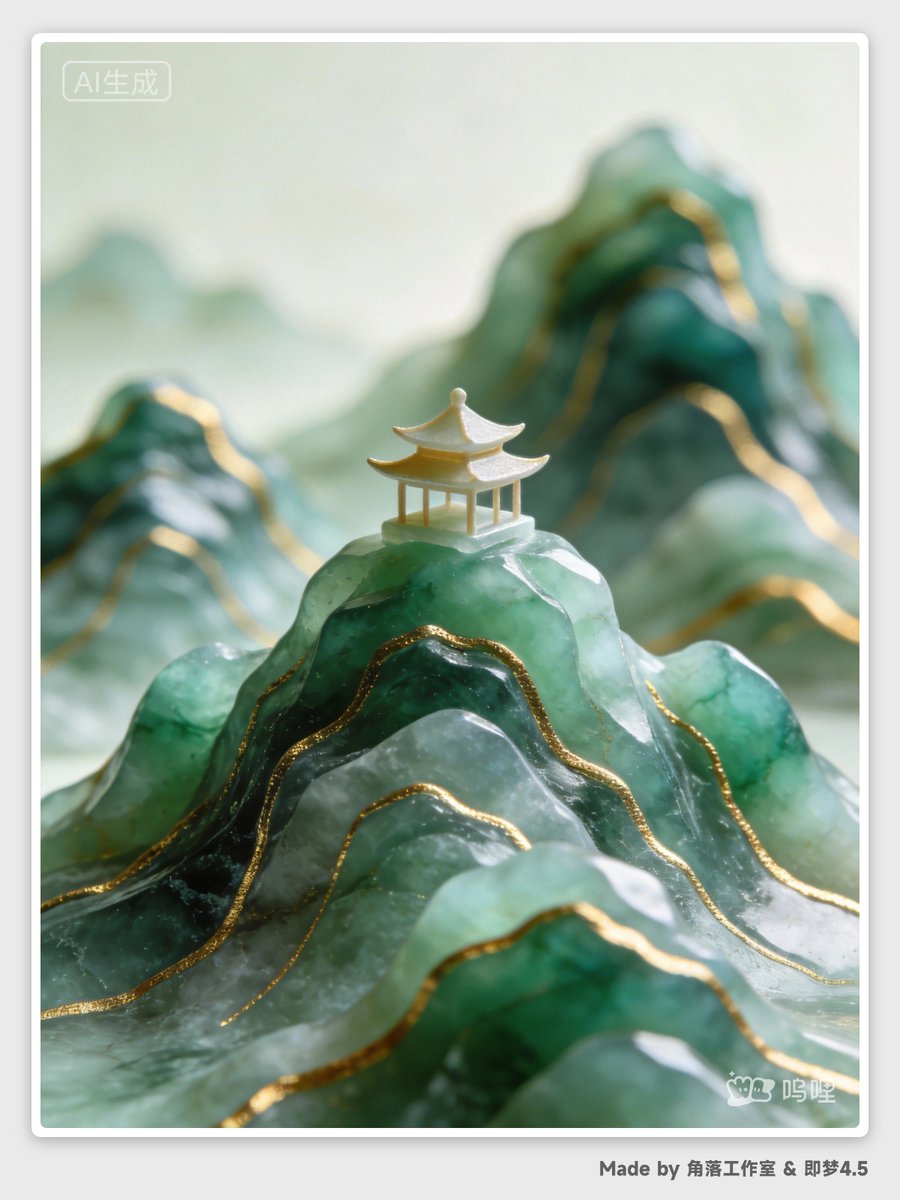 Miniature Abstract Chinese Landscape with Jade and Gold Accents thumbnail 3