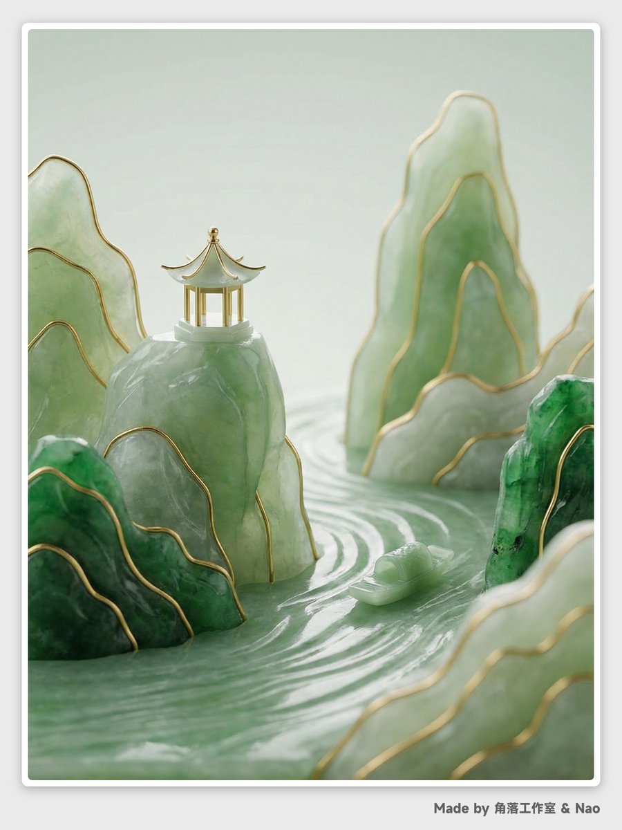Miniature Abstract Chinese Landscape with Jade and Gold Accents thumbnail 4
