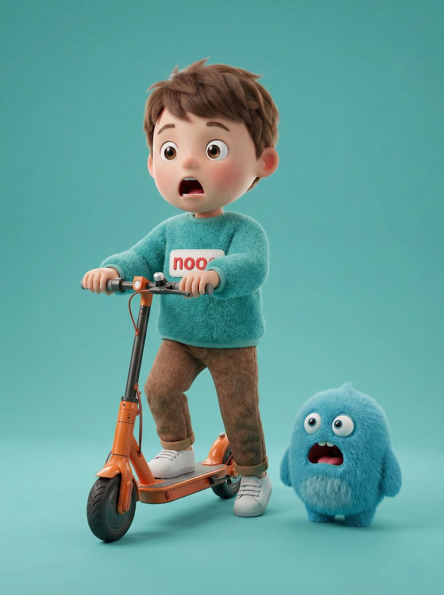 Cute Boy Riding Scooter with Furry Blue Monster - view 1