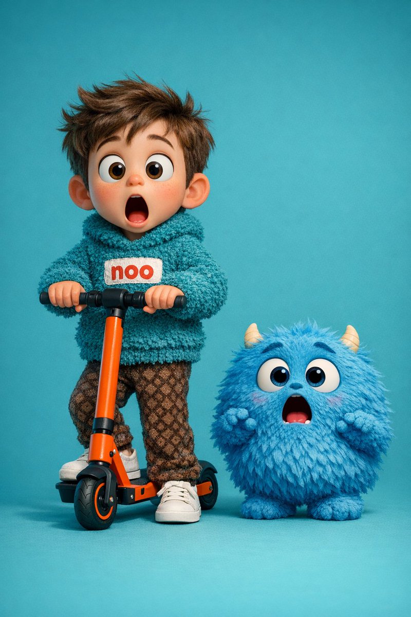 Cute Boy Riding Scooter with Furry Blue Monster thumbnail 2