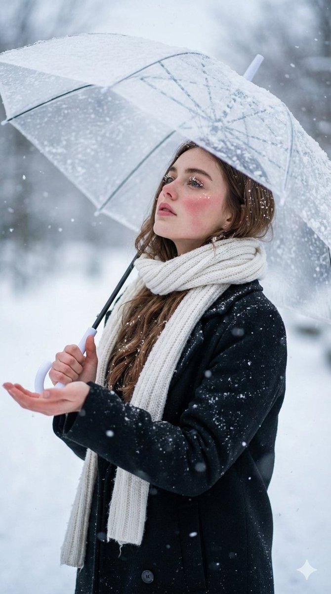 Cinematic Winter Portrait: Woman in Snow with Umbrella - view 1